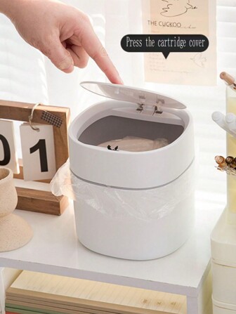 1 件时尚简约设计 ABS+PP 材质白色桌面垃圾桶带盖，免提，紧凑型垃圾箱，适用于家庭、卧室、办公桌，附带 5 卷（15 件/卷）随机颜色垃圾袋，厨房、浴室、家庭、家居用品