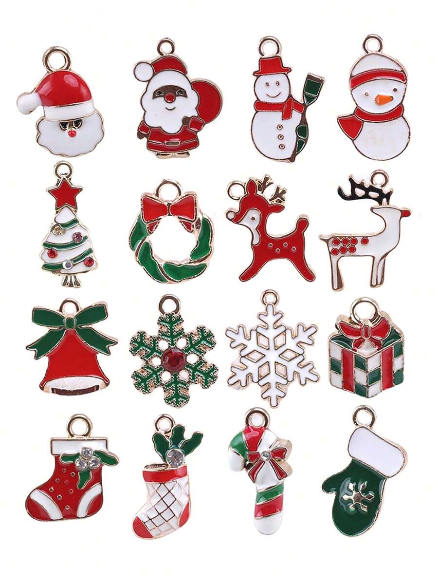 16入組合金聖誕主題油滴吊墜,包括卡通聖誕老人、聖誕樹、雪人、雪花、馴鹿和襪子吊墜,用於diy手工手鍊和項鍊配件,節慶裝飾