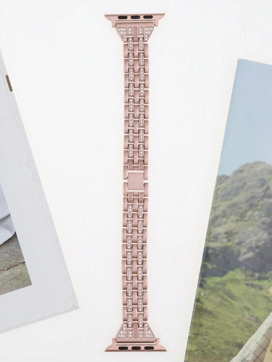 1pc Pink & Silver Fashionable Metal Strap With Rhinestone Decoration Compatible With Apple Watch 1-9 Se - Pink - View 1