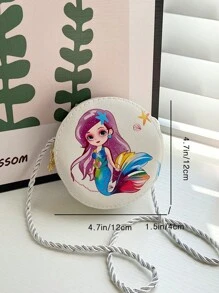 小巧圓形肩背郵差包,可愛人魚卡通圖案小斜挎包,時尚純色pu皮革兒童拉鍊零錢袋,簡約輕便的小圓包,可攜帶甜蜜糖果包,適用於日常嬰兒女孩小學生旅行度假使用旅行配件