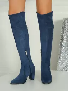 秋冬季高跟方头休闲/婚礼性感百搭麂皮过膝长靴,黑色和蓝色(宽筒弹力过膝长靴)(小腿纤细者建议选小一码,小腿粗壮者建议选择正常尺码。购买前请参考尺码表或测量脚长、手掌围等参数) - 藏蓝色 - 查看 5