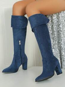 秋冬季高跟方头休闲/婚礼性感百搭麂皮过膝长靴,黑色和蓝色(宽筒弹力过膝长靴)(小腿纤细者建议选小一码,小腿粗壮者建议选择正常尺码。购买前请参考尺码表或测量脚长、手掌围等参数) - 藏蓝色 - 查看 3
