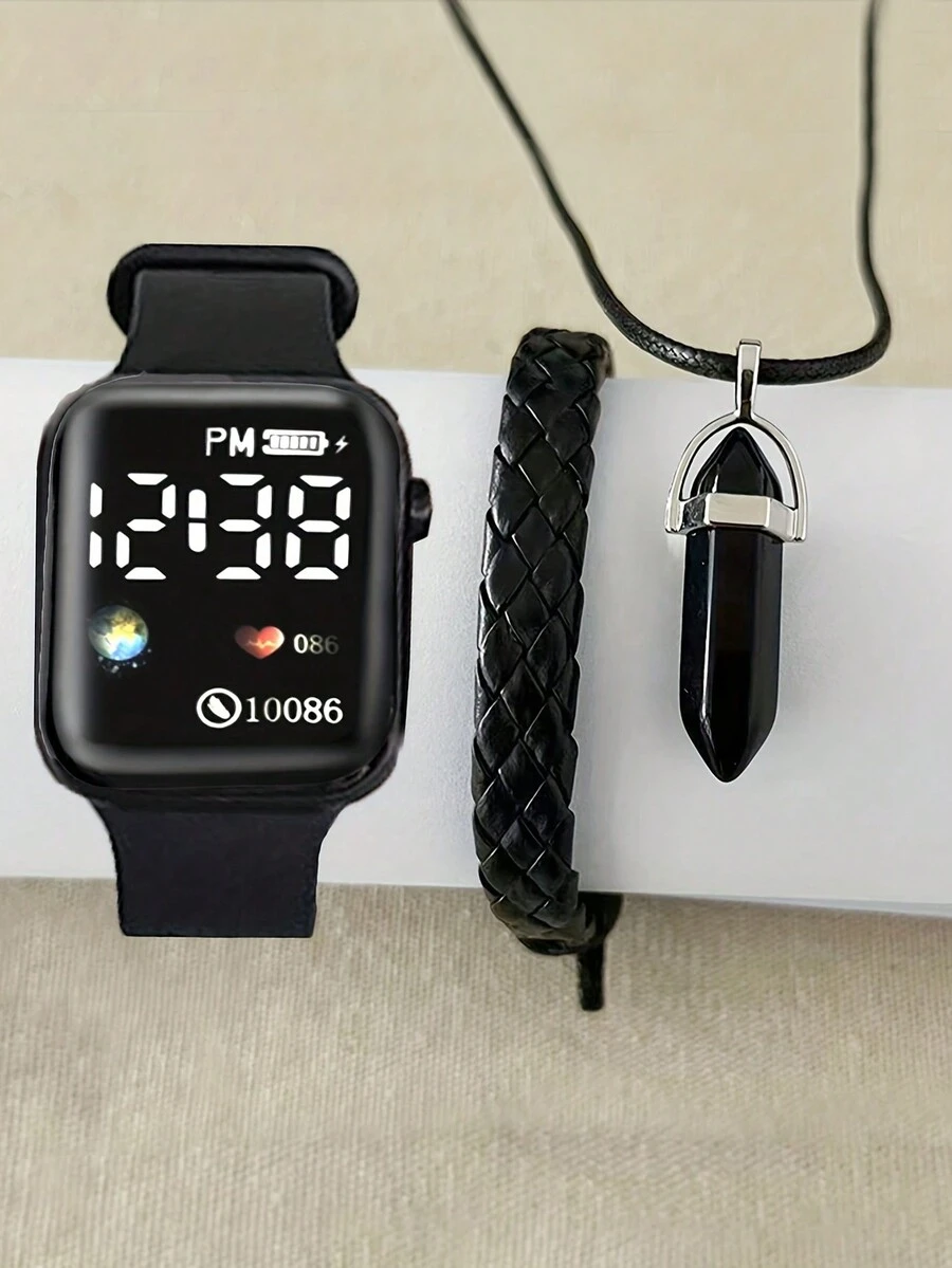 男士運動心形數字手錶,附1條手鍊和1條項鍊 - 黑色 - 查看 1