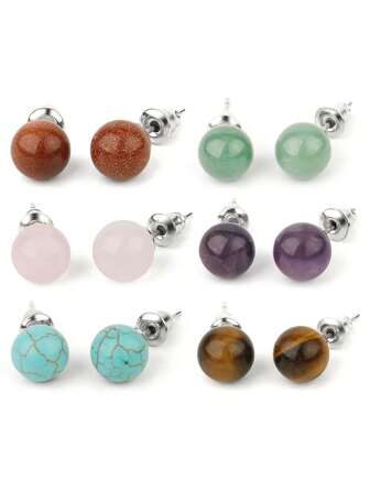 1 Pair Natural Stone Stud Earrings Crystal Quartz 8mm Rose Quartz Amethyst Round Ball Beads Silver Color Simple Fashion Ear Jewelry For Women Girl