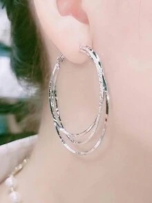 1對金銀色多層次大圈耳環,時尚銀針圈聲明耳環女批發 - 銀色 - 查看 3