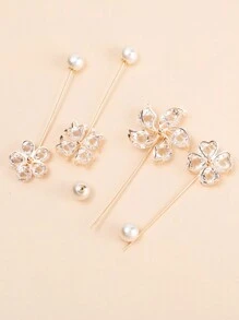1set/4pcs Women's Simple Faux Pearl & Rhinestone Decor Round Ball Shaped Banquet Brooch