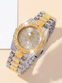1 Stück Modische Luxus funkelnde Diamant Rund Frauen Stahl Armbanduhr mit Quarzwerk, geeignet für Partys, Feierlichkeiten, Hochzeiten, Schulanfang und den täglichen Gebrauch, das perfekte Geschenk für Frauen.