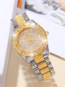 1 Stück Modische Luxus funkelnde Diamant Rund Frauen Stahl Armbanduhr mit Quarzwerk, geeignet für Partys, Feierlichkeiten, Hochzeiten, Schulanfang und den täglichen Gebrauch, das perfekte Geschenk für Frauen.