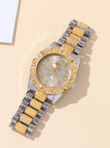 1 Stück Modische Luxus funkelnde Diamant Rund Frauen Stahl Armbanduhr mit Quarzwerk, geeignet für Partys, Feierlichkeiten, Hochzeiten, Schulanfang und den täglichen Gebrauch, das perfekte Geschenk für Frauen.