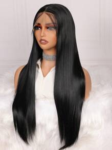 Very Soft Lace Front Wig Synthetic Natural Super Long 32inch 180density Soft Black Silky Straight Hair Wig For Women Natural Hairline Smooth Straight Wig With Afro Baby Hair  1pc