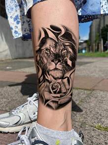 1張獅子與玫瑰圖案暫時性刺青貼紙,適合男女成人 - 黑色 - 查看 2