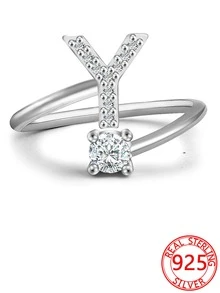 A Simple And Versatile S925 Silver Solitaire Diamond With 26 English Letters Adjustable Open Ring For Daily Wear By Women - AND - View 1