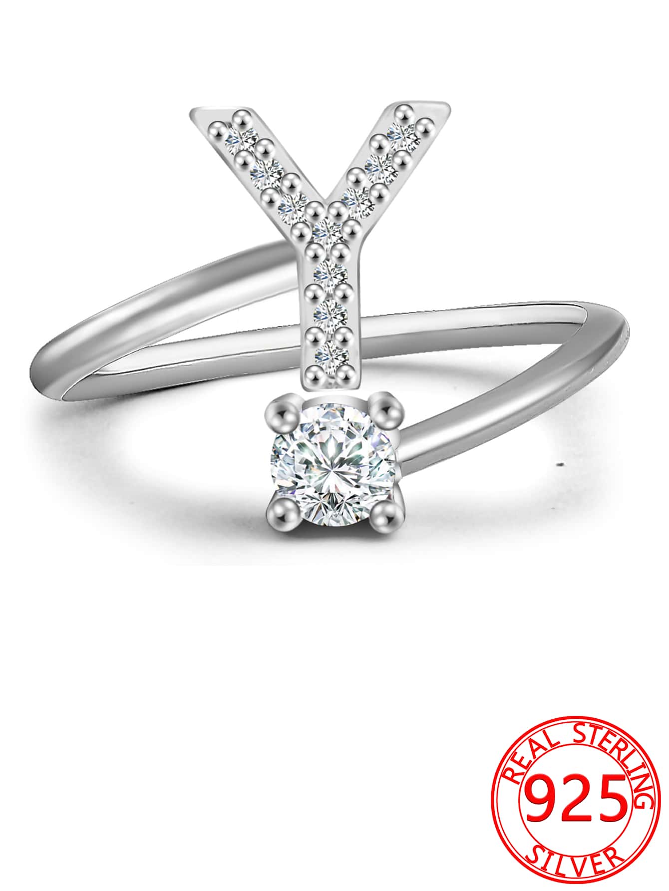 A Simple And Versatile S925 Silver Solitaire Diamond With 26 English Letters Adjustable Open Ring For Daily Wear By Women - AND - View 1
