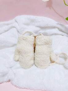 1 双毛绒儿童手套，适合 2-5 岁儿童，保暖内衬，米色男女通用保暖儿童手套，时尚舒适的儿童手套，热门儿童手套套装 - 米色 - 查看 3