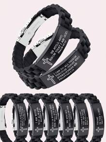 1pc Unisex Adjustable 6.7-8.5 Inch Sports-style Stainless Steel Silicone Bracelet Engraved With Cross And Quotes, Suitable As Festival, Inspirational Gift - Black - View 2