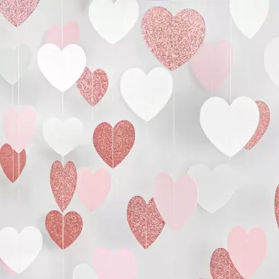 Rose-Gold Pink White Party Decorations - Paper Heart Streamers Garland Galentines Valentine's Day Decorations Hanging Paper Banner Engagement Wedding Bachelorette Bridal Shower Decor,