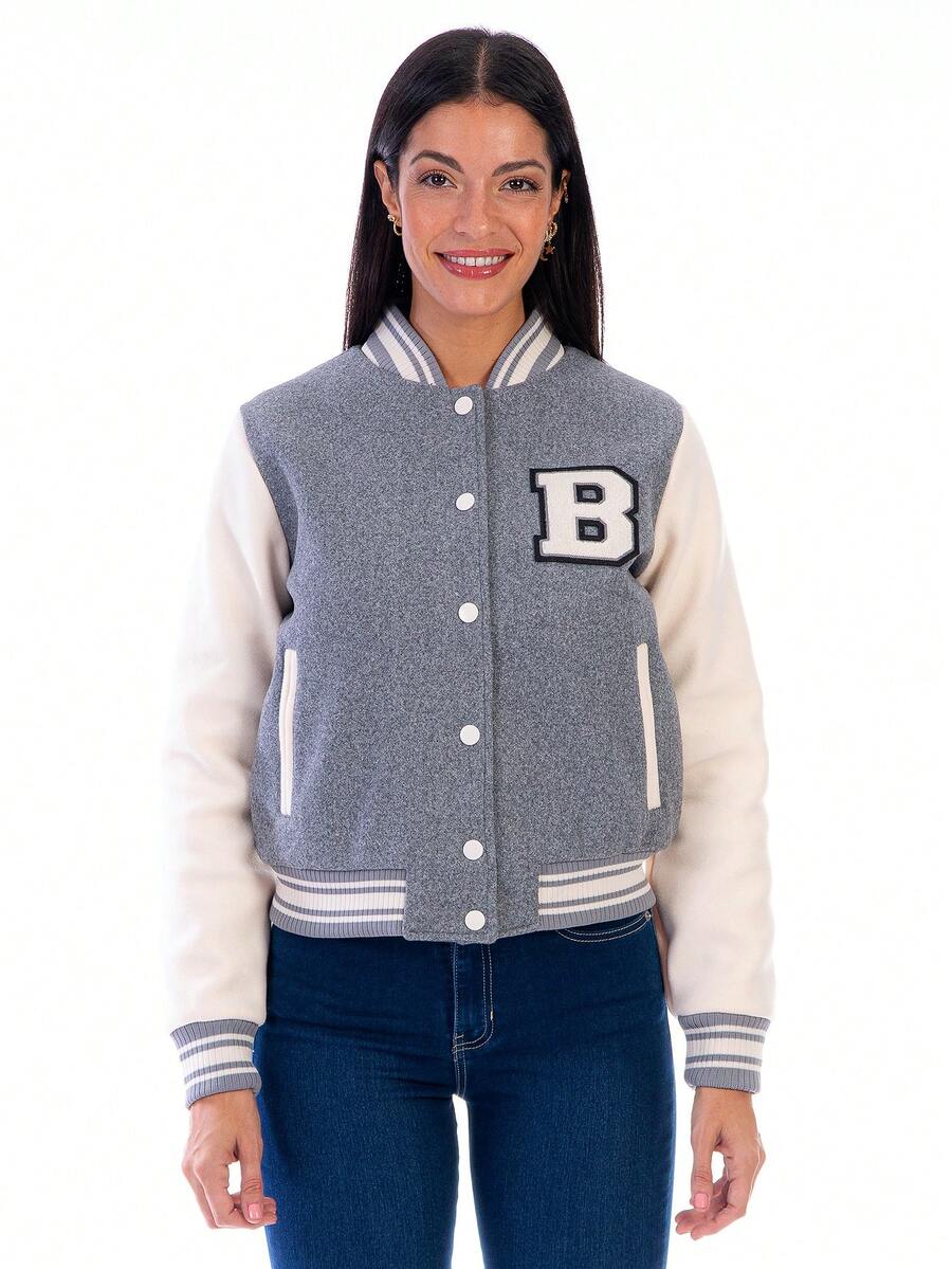 Chamarra Beisbolera Para Mujer Con Forro Interior Capitonado - Gris - Ver 1