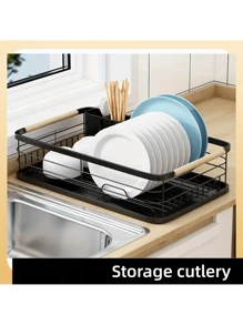 Kitchen Storage Rack With Drainboard For Dishes And Utensils, Countertop Dish Drainer - Black - View 1