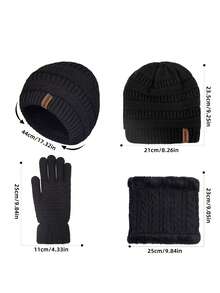 1 套女用保暖雙層羊絨混紡編織針織帽、圍巾及手套套裝,適合秋冬休閒戶外活動 - 黑色 - 查看 2