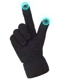 1 套女用保暖雙層羊絨混紡編織針織帽、圍巾及手套套裝,適合秋冬休閒戶外活動 - 黑色 - 查看 5