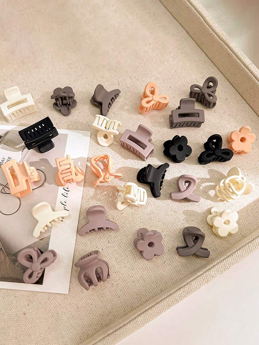 30 件女士混合尺寸方形、花朵和单形塑料发夹，黑色、白色和咖啡色，时尚简约风格，适合日常、户外活动、洗脸、洗澡、化妆、造型和休闲服装搭配的发饰，爪夹、发夹、发夹