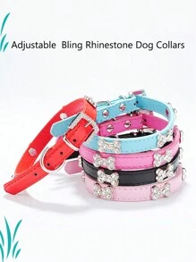 Pet Collar With Six Rhinestone Bone Decoration Exquisite And Shiny Dog Collar - Hot Pink - View 4