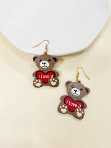 1對卡通可愛女孩耳環,熊心,i Love U 字樣印花,派對晚會,街頭裝,約會告白女友禮物