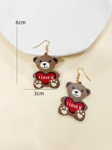 1對卡通可愛女孩耳環,熊心,i Love U 字樣印花,派對晚會,街頭裝,約會告白女友禮物