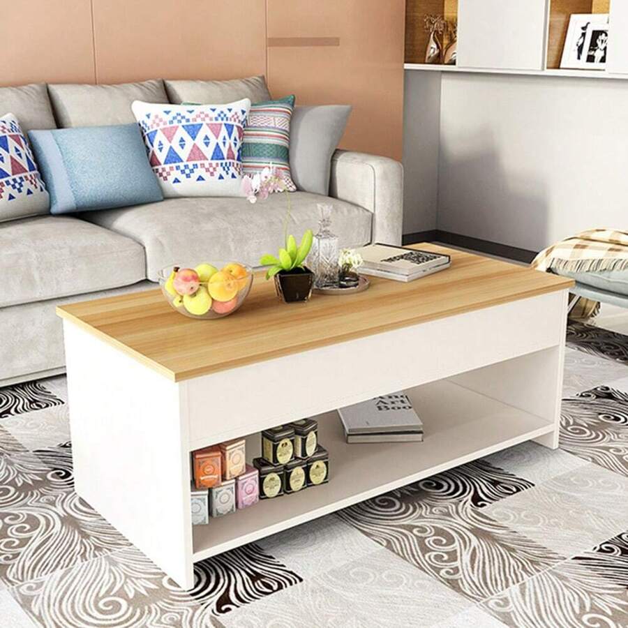 Matomn Mesa de centro contemporánea con tapa elevable y espacio de almacenamiento 100 x 50 x 48,5 cm madera y decoración en blanco mate - Blanco - Ver 1