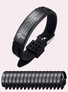 1pc Unisex Adjustable 6.7-8.5 Inch Sports-style Stainless Steel Silicone Bracelet Engraved With Cross And Quotes, Suitable As Festival, Inspirational Gift - Black - View 1