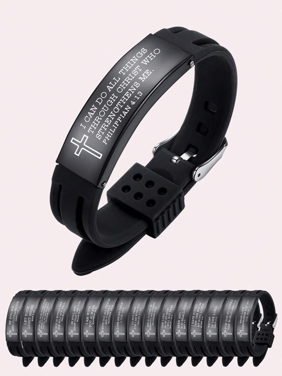1pc Unisex Adjustable 6.7-8.5 Inch Sports-style Stainless Steel Silicone Bracelet Engraved With Cross And Quotes, Suitable As Festival, Inspirational Gift - Black - View 1