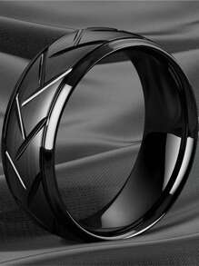 1pc Fashion Men Stainless Steel Rings Classic Groove Multi-Faceted Promise Rings For Men Engagement Ring Wedding Anniversary Jewelry Gifts - Black - View 5