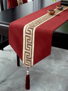 1入組桌旗,新中式幾何圖案茶幾套,防水,桌布、餐墊奢華附