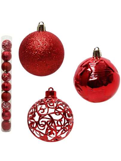 Bola De Natal Mista Vazada Estrela e com Glitter Vermelha 6cm 9peças
