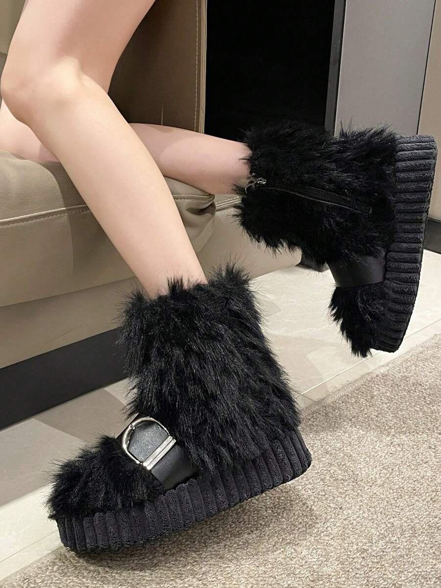 時尚新潮,復古龐克女式皮帶扣雪靴,超保暖舒適,曲奇底,可愛少女風,拉長顯腿,厚底,適合約會和作戰