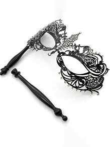 Black Metal Small Pointed And Studded Masquerade Mask With Handheld Stick, Venetian Party Costume Accessories - Black - View 2