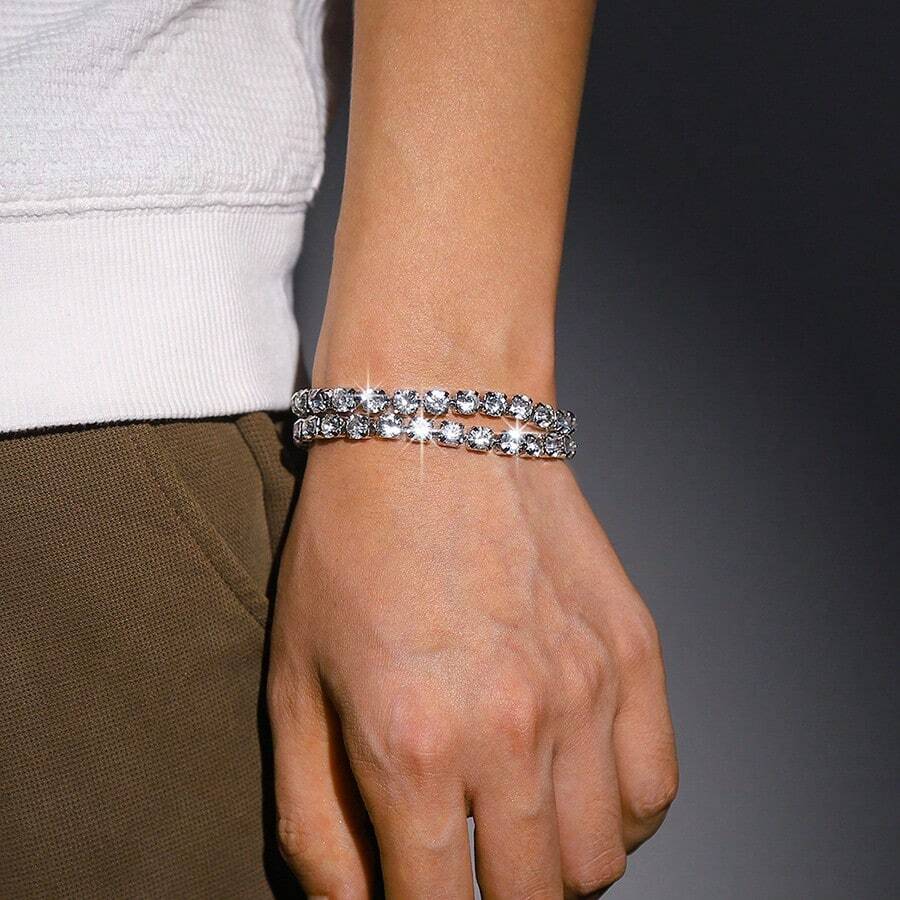 2pcs Men'S Minimalist Rhinestone Bracelet Set - Silver - View 1