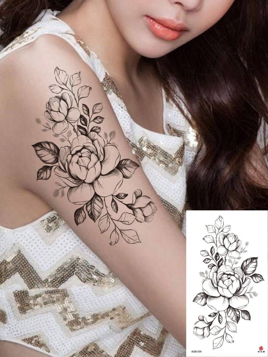1張草圖花紋紋身貼紙,適合男女成年人 - 黑色 - 查看 1