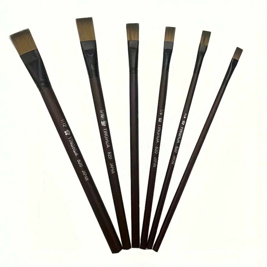 6入組扁平頭木柄尼龍毛油漆刷適用於水彩,油畫,丙烯和手繪