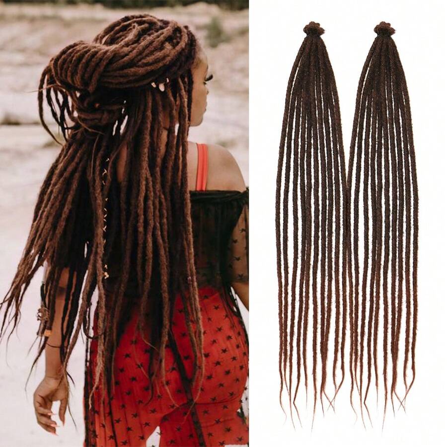 24inch 2 cái/bộ Cà phê Nâu Thủ công Bím tóc Nối tóc , Mềm mại Sợi tổng hợp Tóc , Móc Len - Cà phê nâu - Xem 1