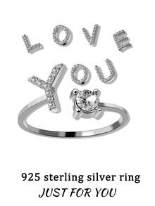 1pc Simple & Versatile S925 Silver Single Diamond Adjustable Open Ring With 26 English Letters For Women Daily Wear - AND - View 7