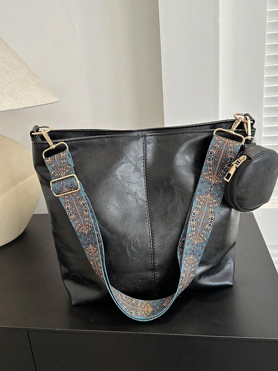 时尚拼色宽肩带复古 2 件斜挎包 - 黑色 - 查看 1