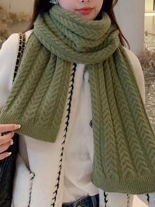 1條女款針織八瓣花紋保暖時尚純色圍巾,戶外秋冬頸部保護 - 軍綠色 - 查看 4