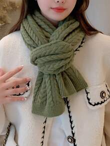 1條女款針織八瓣花紋保暖時尚純色圍巾,戶外秋冬頸部保護 - 軍綠色 - 查看 3