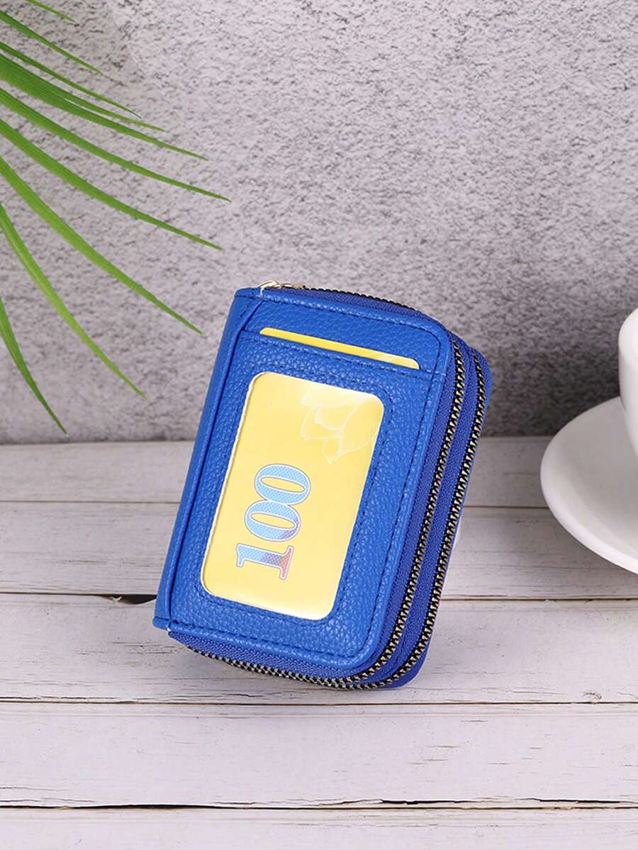 1pc Simple And Fashionable Blue Short Wallet With Double Zipper, Multiple Card Slots, Pu Card Holder For Outdoor Use - Blue - View 1