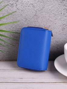 1pc Simple And Fashionable Blue Short Wallet With Double Zipper, Multiple Card Slots, Pu Card Holder For Outdoor Use - Blue - View 7