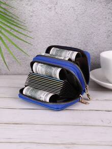 1pc Simple And Fashionable Blue Short Wallet With Double Zipper, Multiple Card Slots, Pu Card Holder For Outdoor Use - Blue - View 3