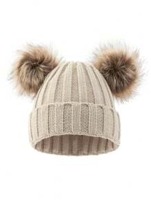 1件兒童豎條紋針織帽,帽頂帶雙毛球 - 卡其色 - 查看 1