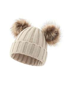 1件兒童豎條紋針織帽,帽頂帶雙毛球 - 卡其色 - 查看 2
