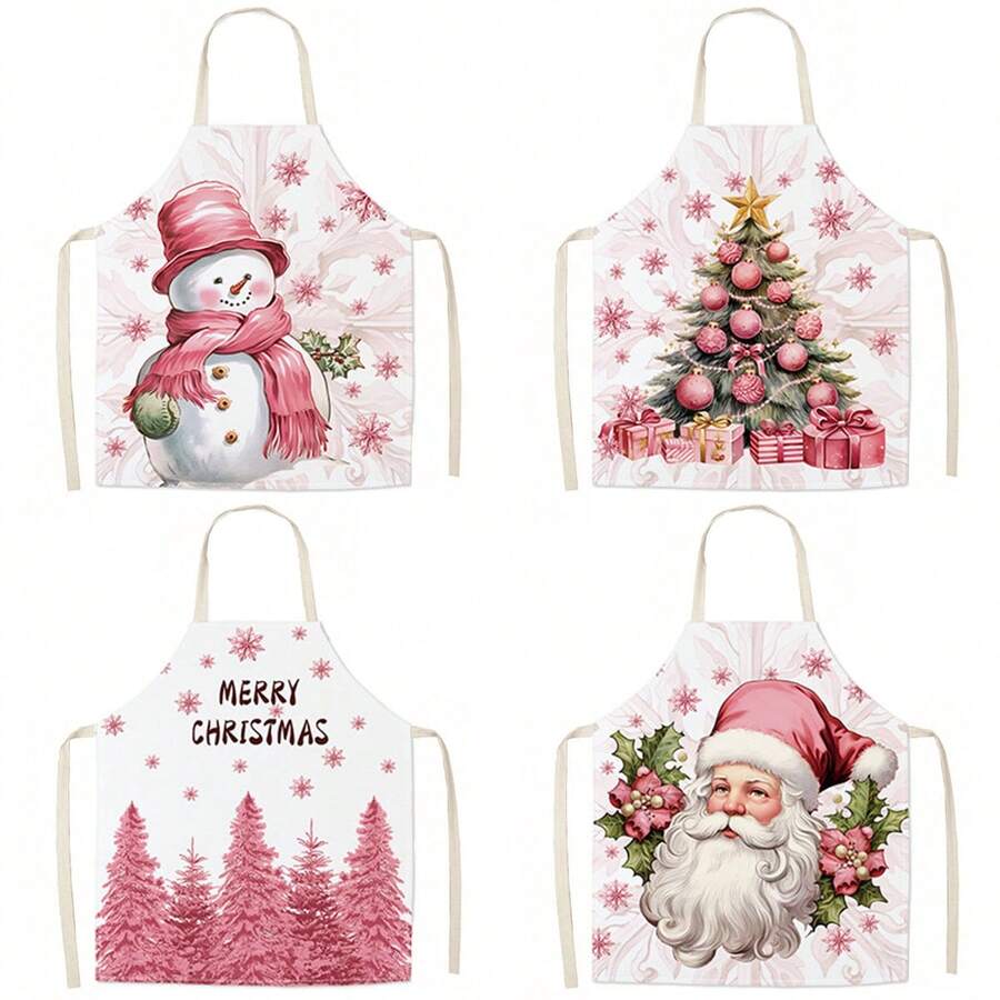 1件粉紅色聖誕圖案烹飪圍裙,亞麻粉紅色創意印花防油圍裙,適用於廚房 - 粉色 - 查看 1